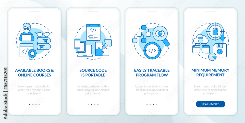 Wall mural procedural programming benefits blue onboarding mobile app screen. walkthrough 4 steps editable grap