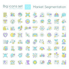 Marketing segmentation RGB color icons set. Promotional strategy. Target audience. Isolated vector illustrations. Simple filled line drawings collection. Editable stroke. Quicksand-Light font used