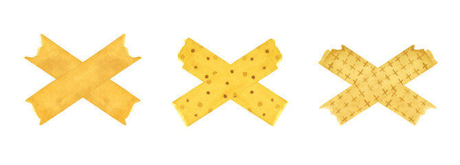 Set of Cross Tape Strips. Isolated on white background. Torn Stickers tape paper pastel colors, blank banners tags labels template design. Watercolor illustration of a decorative tape.