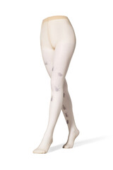 Detailed shot of beige tights with a color print imitating tattoo at the front. The tattoo-effect pantyhose have a shape of women's legs. The clothes are isolated on the white background.