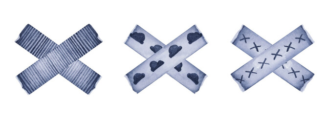 Obraz premium Set of Cross Tape Strips. Isolated on white background. Torn Stickers tape paper pastel colors, blank banners tags labels template design. Watercolor illustration of a decorative tape.