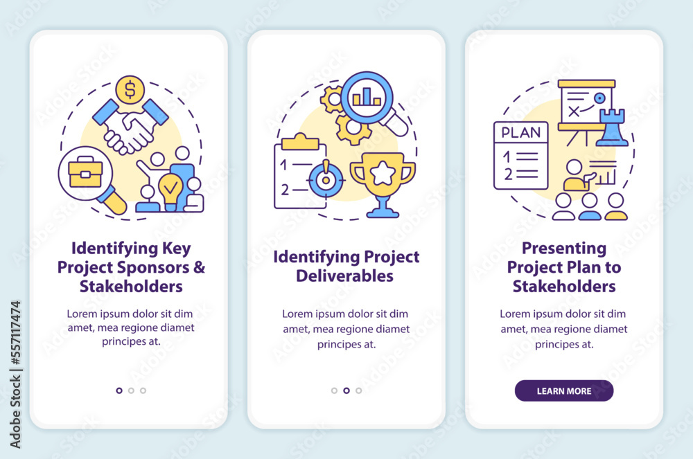 Poster project planning stages onboarding mobile app screen. workflow walkthrough 3 steps editable graphic 