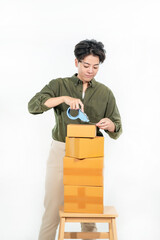 person packing tape on delibery box