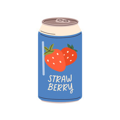 Soda drink, strawberry lemonade in tin. Fizzy carbonated berry flavored beverage, cold summer cocktail in aluminum can. Refreshment in metal jar. Flat vector illustration isolated on white background