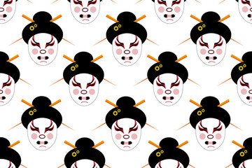 Seamless pattern with mask in a traditional Japanese kabuki theater. Folk art of Japan. Wallpaper or fabric print. Website banner about oriental art.