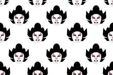 Seamless pattern with mask in a traditional Japanese kabuki theater. Folk art of Japan. Wallpaper or fabric print. Website banner about oriental art.