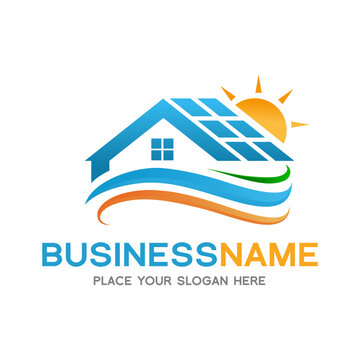 Solar home logo template. Solar panel and sun vector design. Renewable energy illustration.