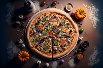 Tasty pizza on top of a wooden table with cherry tomatoes, Hot Pizza