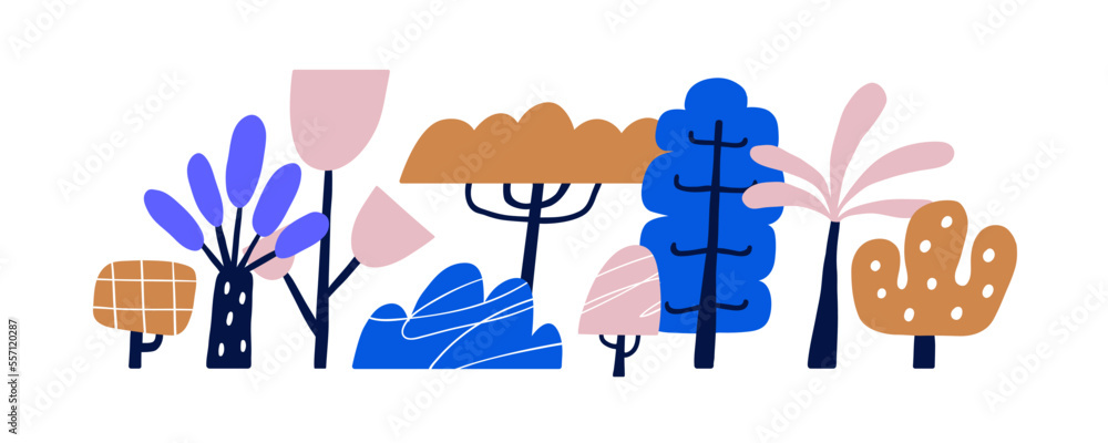 Poster childish fairytale trees. forest plants in naive primitive scandinavian style. abstract doodle magic