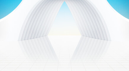 Modern white arch building with ground, with bright sky background,3D rendering.