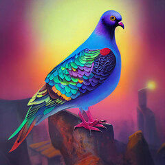 cute animal little pretty colorful pigeon portrait from a splash of watercolor illustration