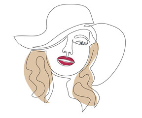 portrait of a woman in a hat drawn by a continuous mono line, one line art, contour