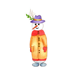 Watercolor illustration of a cartoon snowman in a coat and hat on a transparent background.