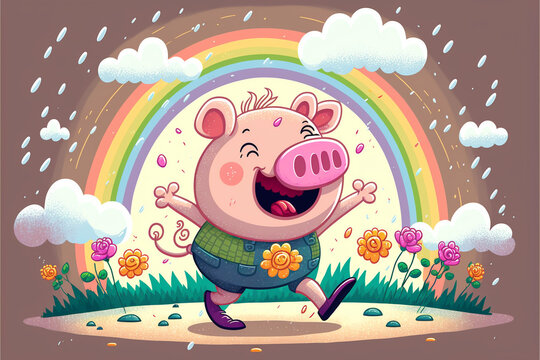 Happy piggy walking in the rain. AI generated