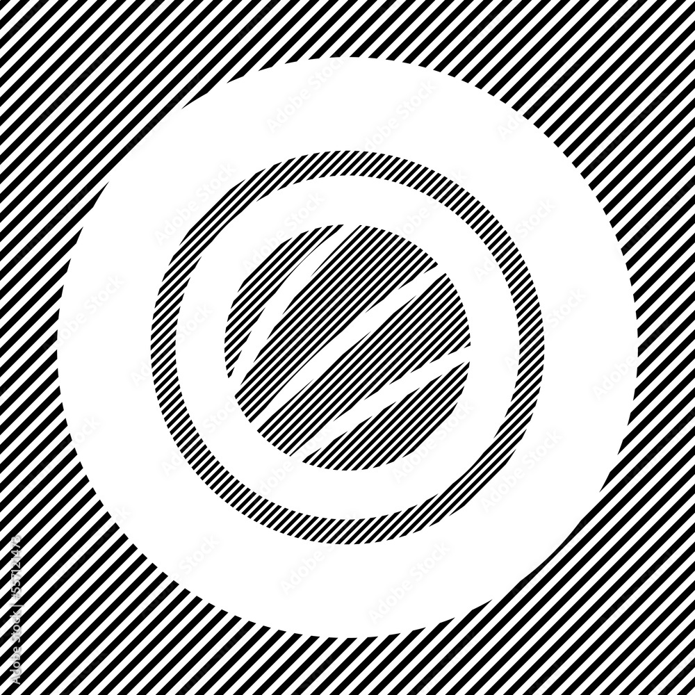 Poster a large sushi roll symbol in the center as a hatch of black lines on a white circle. interlaced effe