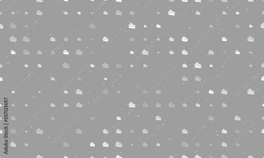 Poster seamless background pattern of evenly spaced white piece of cake symbols of different sizes and opac