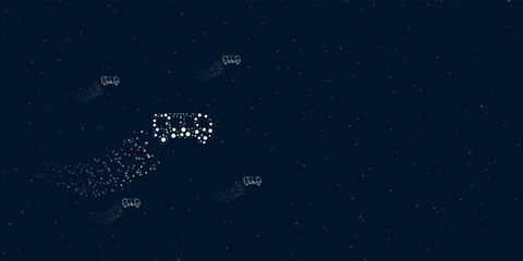 A bus symbol filled with dots flies through the stars leaving a trail behind. Four small symbols around. Empty space for text on the right. Vector illustration on dark blue background with stars