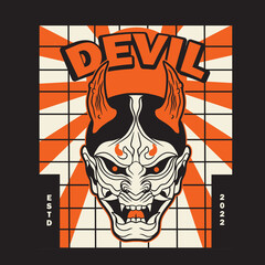 Japanese Demon Oni Mask Logo Design vector illustration,it can be used for shirt design or poster	
