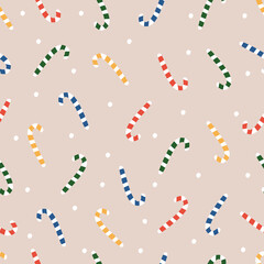 Festive colorful sweets and snowflakes hand drawn vector illustration. Cute Christmas candy seamless pattern for kids fabric or wrapping paper.