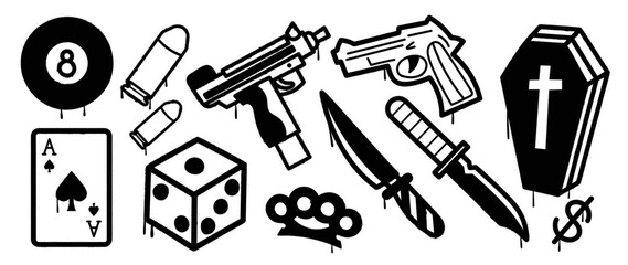 Set of graffiti spray pattern vector illustration. Collection of spray texture playing card, dice, gun, bullet, knife, coffin, knuckle. Elements on white background for banner, decoration, street art.