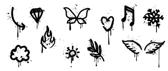 Foto op Plexiglas Grunge vlinders Set van graffiti spray patroon vectorillustratie. Verzameling van spray textuurpijl, diamant, vlinder, vlam, vleugel, bladtak. Elementen op witte achtergrond voor banner, decoratie, straatkunst.