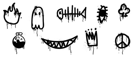 Set of graffiti spray pattern vector illustration. Collection of spray texture flame, ghost, poison, fish bone, eye, crown, club. Elements on white background for banner, decoration, street art. © TWINS DESIGN STUDIO