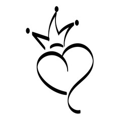 Hand drawn crowned heart. Doodle princess, king and queen crown on heart, sketch love crowns. Wedding card logo, doodle hearts in crowns. 
