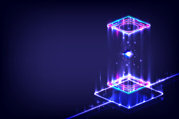 Product display and presentation. Futuristic technology cyberpunk platform pedestal cyber. Square podium. Holographic neon lightings. Magic gate in game fantasy. Lab capsule. Neon lines with Database