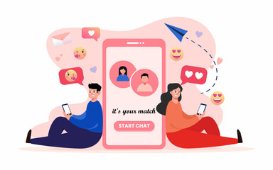 Online dating couple in love in the app on the phone. It is a match and discussing meeting date 