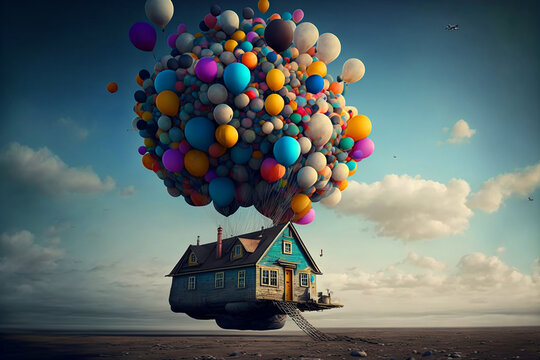 Flying House, Colorful Balloons Tied To The Flying House