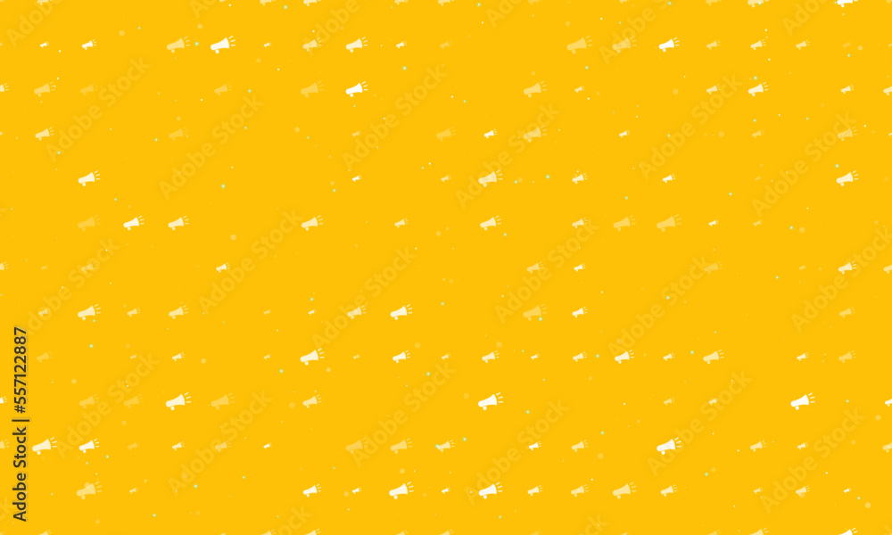 Poster seamless background pattern of evenly spaced white megaphone symbols of different sizes and opacity.