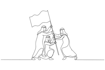 Drawing of arab businessman with flag as a symbol of success and heights. Continuous line art