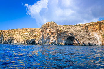 Blue Grotto in Malta. The sea cave is located near Wied iż-Żurrieq south of Żurrieq in the...