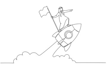 Cartoon of arab businessman holding number one flag standing on flying rocket. One continuous line art style