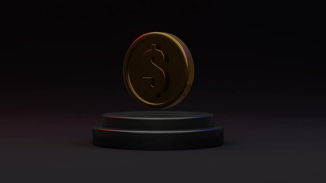 Rotates gold dollar coin on black podium in high resolution 4k. 3d render
