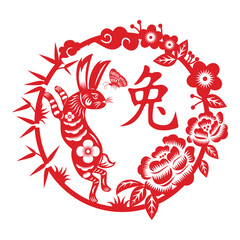 Chinese New Year 2023, Year of the Rabbit with red paper cut art style (Chinese Translation : Rabbit)
