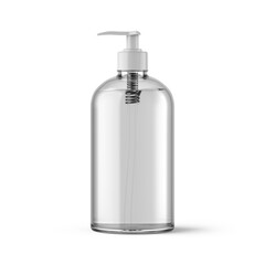 liquid filled pump glass bottle 3d rendered isolated blank image for mockup to present hand wash, gel, shampoo, sanitizer, hand sanitizer, and so on product