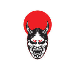Japanese Demon Oni Mask Logo Design vector illustration,it can be used for shirt design or poster	
