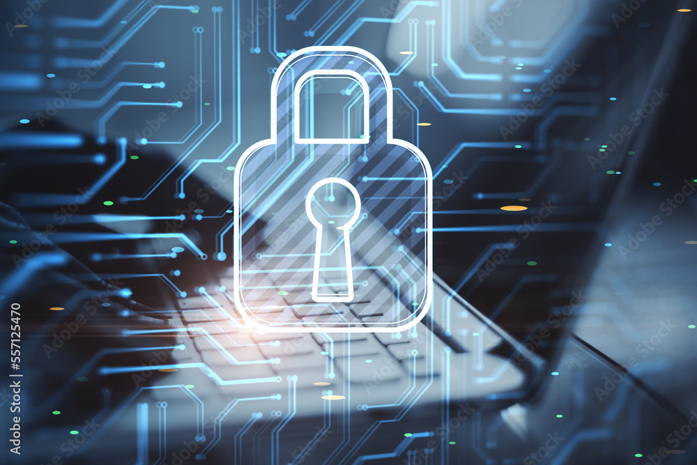 Poster close up of female hands using laptop with glowing padlock and circuit hologram on blurry background