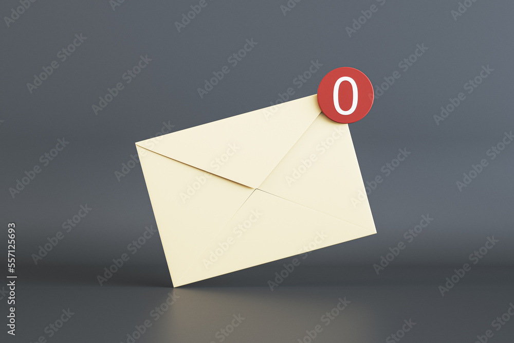 Poster No messages or notification concept with front view on beige email paper envelope with white zero in red circle on the corner on dark background. 3D rendering