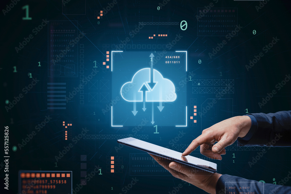 Poster Close up of businessman hand pointing at cellphone with digital cloud computing hologram on blurry background. Cloud data, server, service and hosting concept.