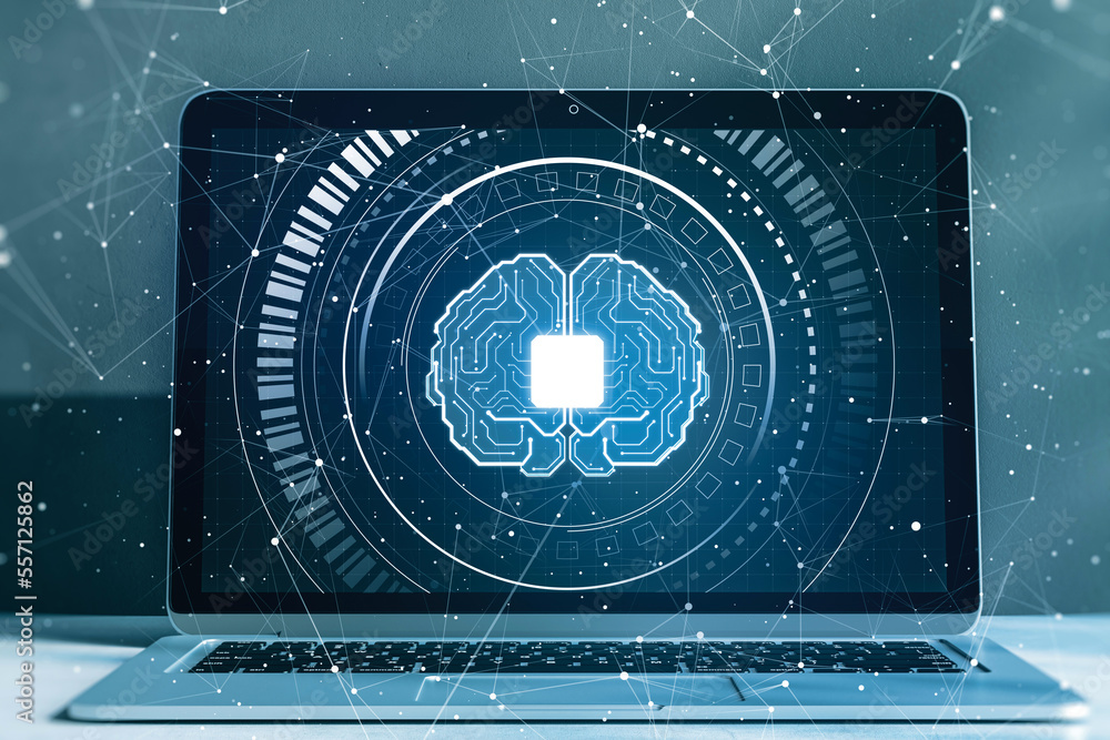 Poster close up of laptop with glowing polygonal chip and brain hologram on blurry dark background. ai, met