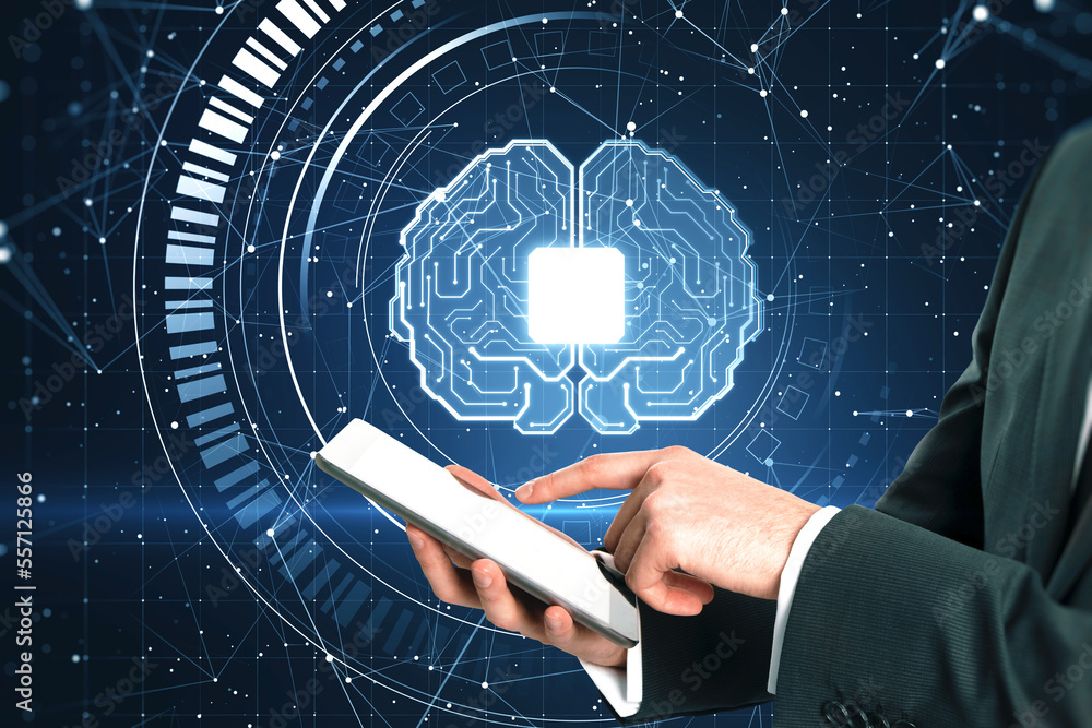 Poster close up of businessman hand pointing at mobile phone with glowing polygonal chip and brain hologram