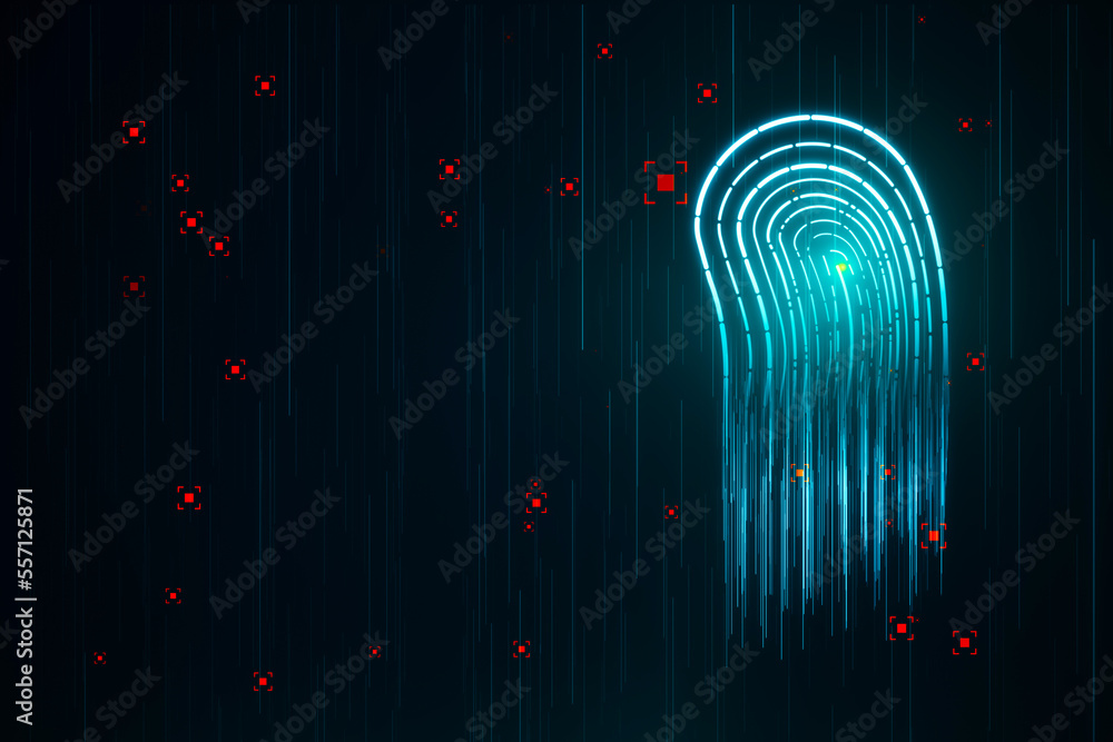 Poster abstract glowing green fingerprint hologram on dark wallpaper. forensics and id concept. 3d renderin