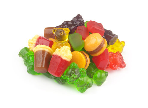 Assortment different colorful of gummy candies isolated on white.	
