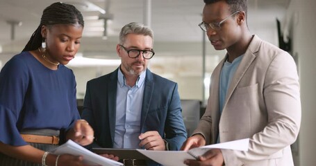 Documents, collaboration or business people in a meeting with financial paperwork planning for sales growth. Team work, CEO and employees talking or speaking of mission, goals or our vision in office - Powered by Adobe