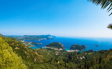 View on Paleokastritsa, Corfu and mediterranean sea from high viewpoint