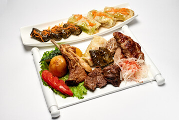 cold cuts, with fresh onions, tomatoes and cucumbers. on a white background