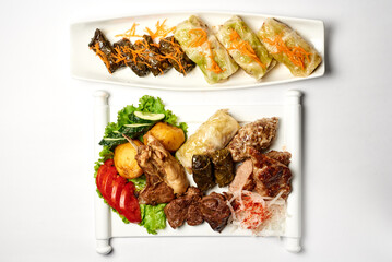 cold cuts, with fresh onions, tomatoes and cucumbers. on a white background