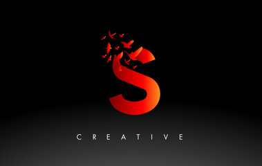 Red S Logo Letter with Flock of Birds Flying and Disintegrating from the Letter.